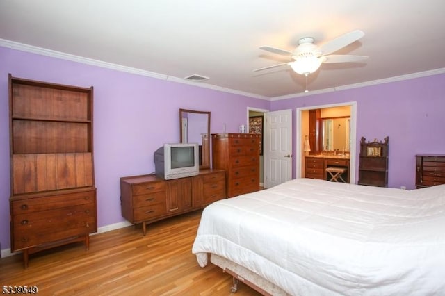 bedroom with ceiling fan, ornamental molding, visible vents, and light wood-style floors