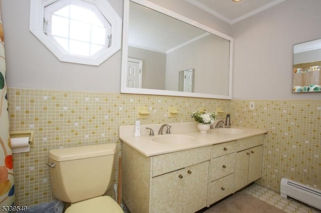 bathroom featuring a baseboard heating unit, toilet, a sink, and tile walls