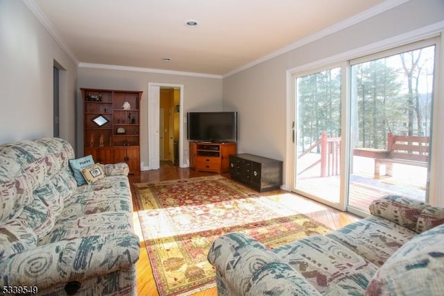 living area featuring wood finished floors and crown molding