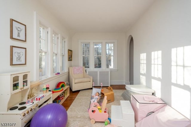 playroom featuring arched walkways and wood finished floors