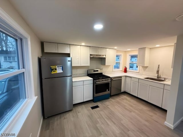 kitchen with under cabinet range hood, stainless steel appliances, a sink, light countertops, and light wood-type flooring