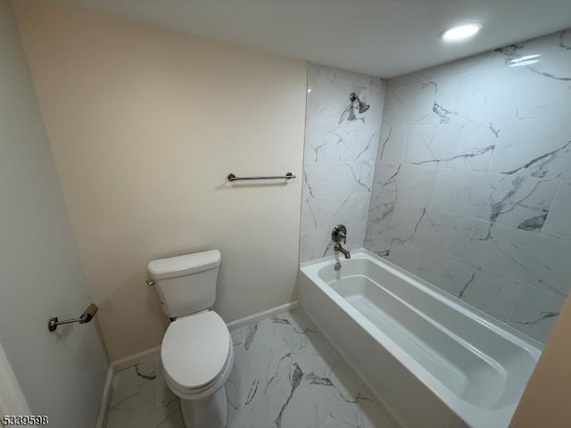 bathroom with baseboards, toilet, marble finish floor, tub / shower combination, and recessed lighting