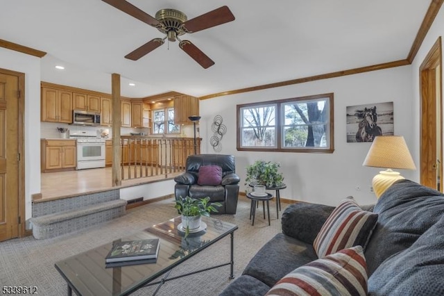 living area featuring light carpet, ornamental molding, and recessed lighting