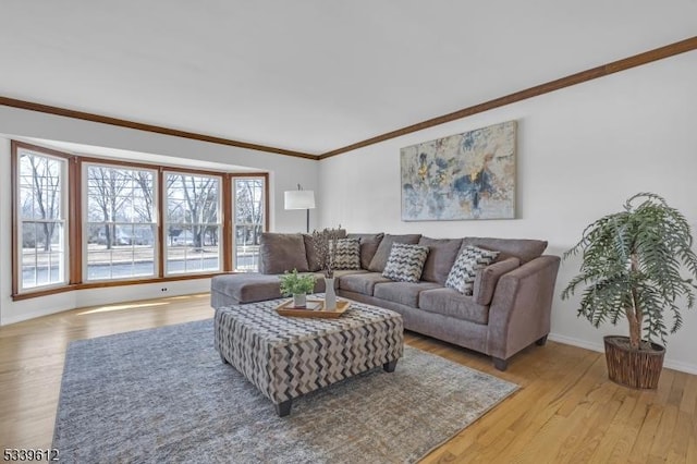 living area with light wood-type flooring, baseboards, and crown molding