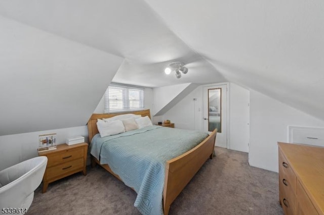 bedroom featuring light carpet and lofted ceiling