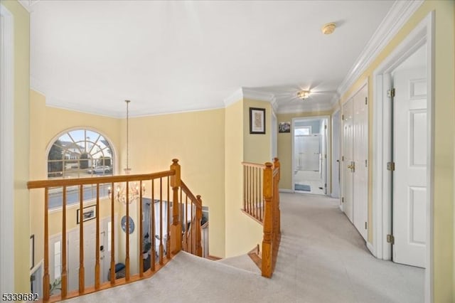 hallway featuring ornamental molding, carpet floors, and an upstairs landing