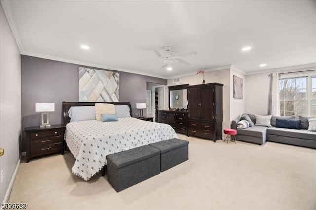 bedroom featuring baseboards, light colored carpet, ceiling fan, ornamental molding, and recessed lighting