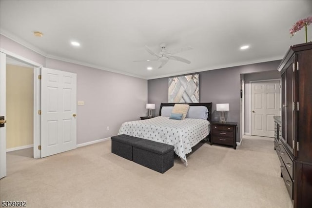 bedroom featuring baseboards, ornamental molding, and light colored carpet