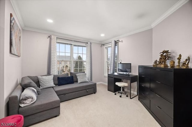 office featuring light carpet, recessed lighting, baseboards, and crown molding