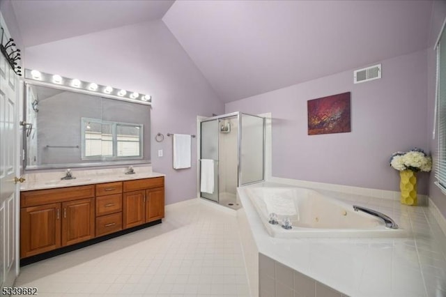 full bath featuring lofted ceiling, visible vents, a sink, a shower stall, and a whirlpool tub