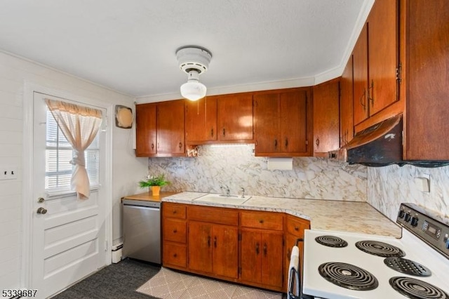 kitchen featuring white electric range oven, light countertops, decorative backsplash, a sink, and dishwasher