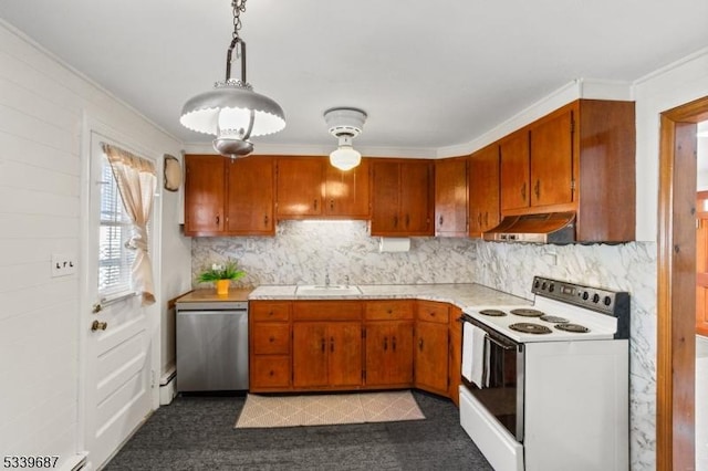 kitchen featuring dishwasher, under cabinet range hood, light countertops, and electric stove