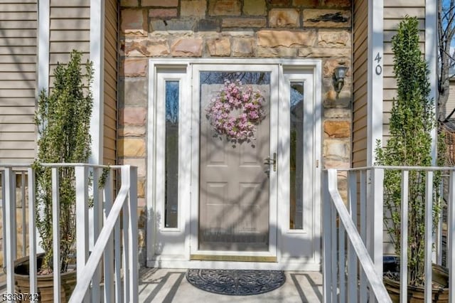 property entrance with stone siding