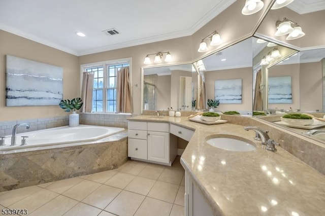 full bath featuring ornamental molding, a garden tub, a shower stall, and tile patterned floors