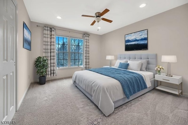 bedroom featuring carpet floors, recessed lighting, and baseboards