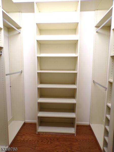 walk in closet with dark wood-style floors