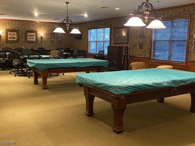 2104 Avery Ct Unit 2104, Franklin Twp, NJ 08873 - playroom with pool table, wallpapered walls, carpet flooring, wainscoting, and ornamental molding