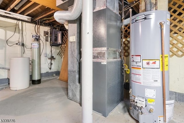 utilities with gas water heater, electric panel, and heating unit