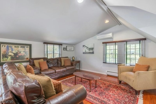 living area featuring lofted ceiling with beams, a baseboard radiator, wood finished floors, and a wall mounted AC