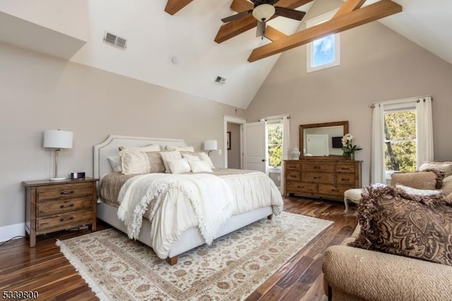 bedroom featuring dark wood-type flooring, beam ceiling, visible vents, and high vaulted ceiling