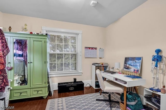 office featuring dark wood finished floors and baseboards