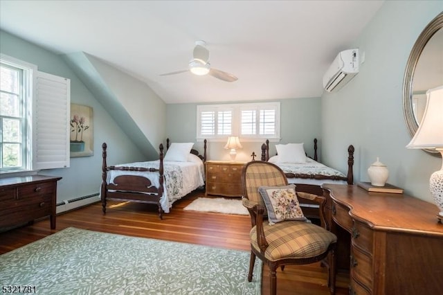 bedroom featuring a baseboard radiator, a wall unit AC, vaulted ceiling, and wood finished floors