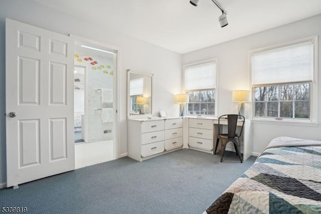 bedroom featuring light carpet and track lighting