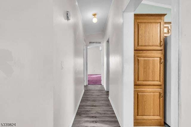 corridor with visible vents, crown molding, baseboards, and wood finished floors