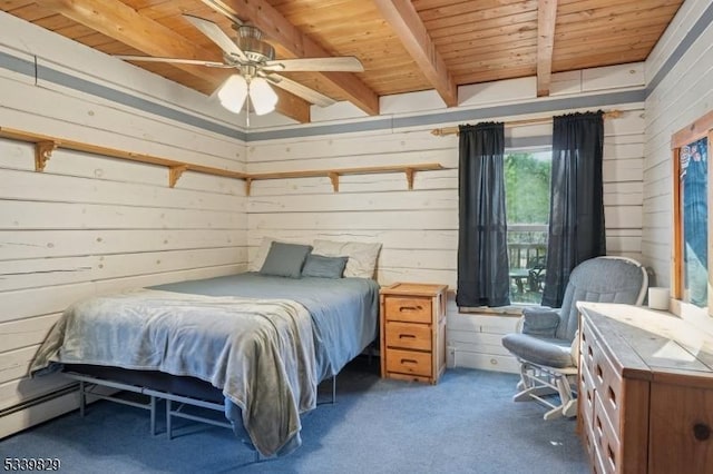 bedroom featuring wood walls, wooden ceiling, carpet flooring, and beam ceiling