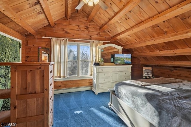 bedroom featuring a baseboard radiator, wooden ceiling, vaulted ceiling with beams, and wooden walls