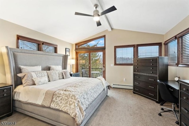 carpeted bedroom with access to exterior, a baseboard radiator, lofted ceiling with beams, ceiling fan, and baseboards