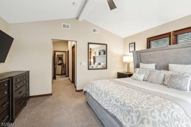 bedroom with vaulted ceiling with beams, baseboards, light carpet, and visible vents