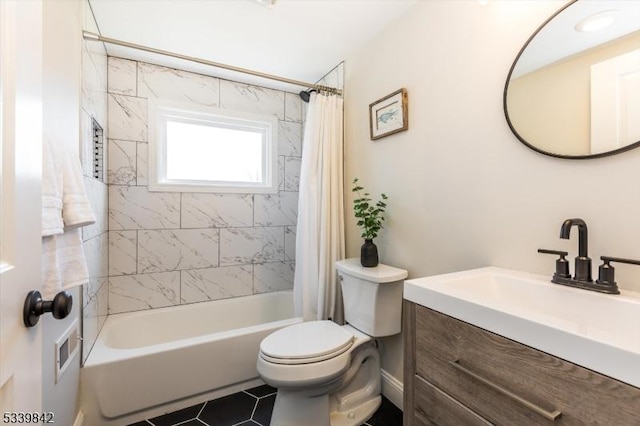 bathroom with vanity, toilet, shower / bath combo, and tile patterned flooring