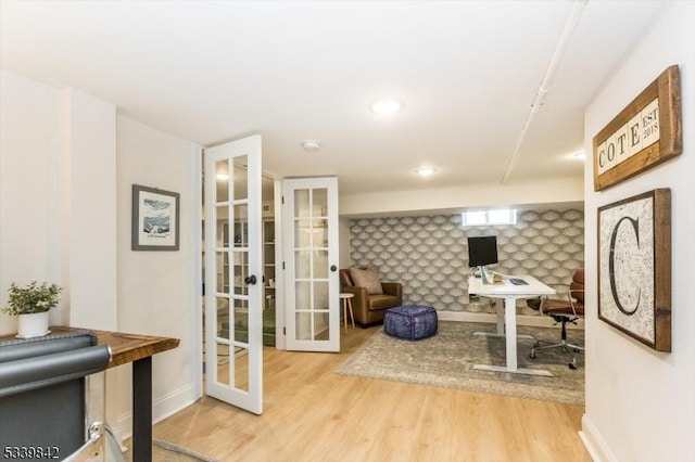 office space with wood finished floors, recessed lighting, french doors, and baseboards