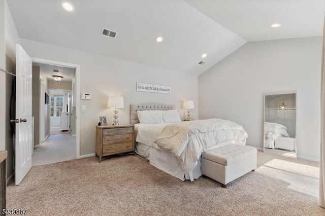 bedroom featuring baseboards, visible vents, lofted ceiling, carpet flooring, and recessed lighting