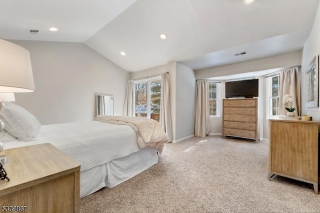 bedroom with recessed lighting, light colored carpet, visible vents, baseboards, and vaulted ceiling