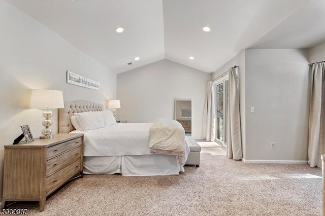 bedroom with recessed lighting, light colored carpet, vaulted ceiling, and baseboards