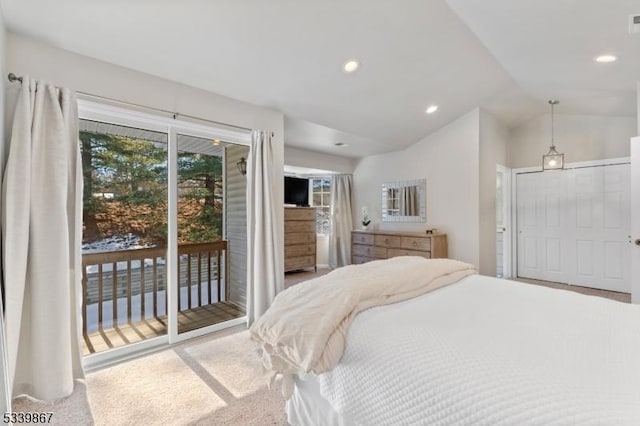 bedroom featuring carpet, access to outside, vaulted ceiling, and recessed lighting