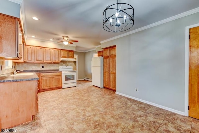 kitchen featuring white appliances, ornamental molding, decorative light fixtures, a sink, and backsplash