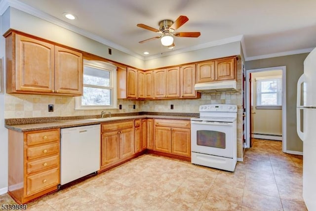 kitchen featuring under cabinet range hood, a baseboard heating unit, white appliances, backsplash, and crown molding