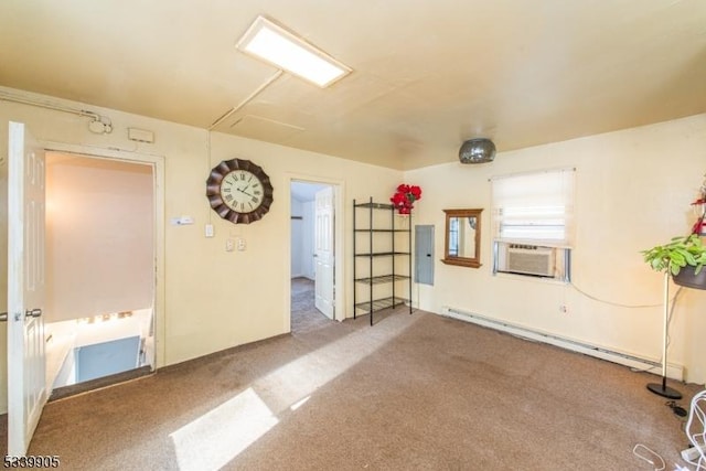 carpeted empty room featuring electric panel, a baseboard heating unit, and cooling unit