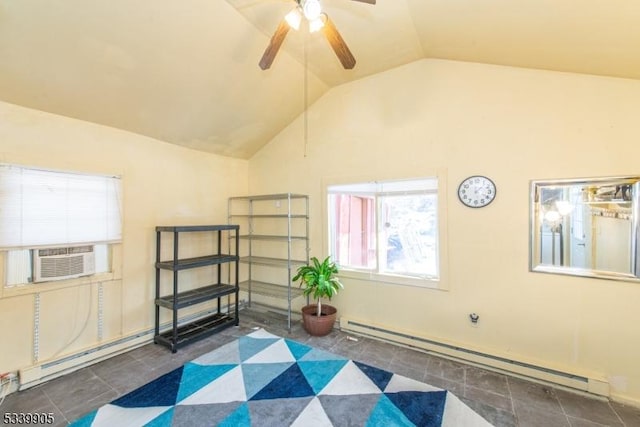 interior space featuring a baseboard heating unit, lofted ceiling, cooling unit, and ceiling fan