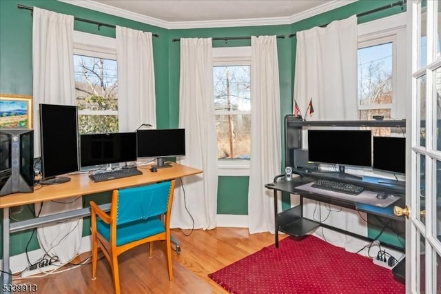 home office featuring wood finished floors and crown molding