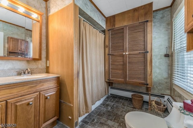 full bathroom with toilet, a shower with curtain, stone finish floor, ornamental molding, and vanity