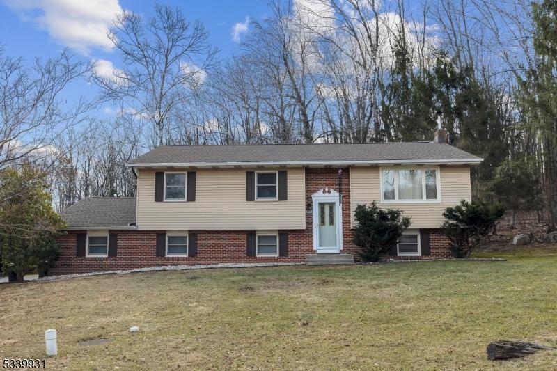 raised ranch featuring entry steps, a front lawn, brick siding, and roof with shingles