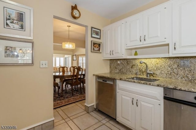 kitchen featuring light stone counters, a sink, white cabinets, hanging light fixtures, and dishwasher