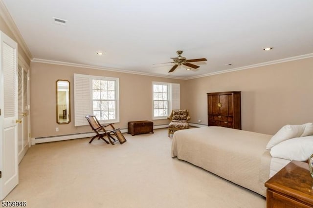 carpeted bedroom with visible vents, a baseboard radiator, ornamental molding, a baseboard heating unit, and recessed lighting