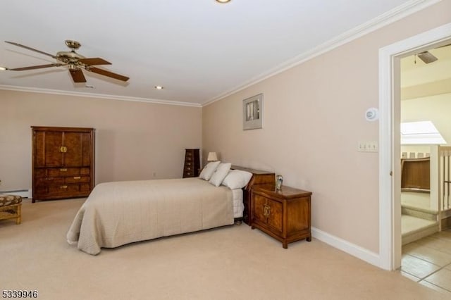 bedroom featuring ceiling fan, light carpet, baseboards, ornamental molding, and baseboard heating