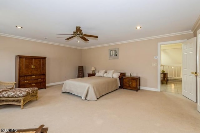 bedroom featuring baseboards, ornamental molding, recessed lighting, and light colored carpet