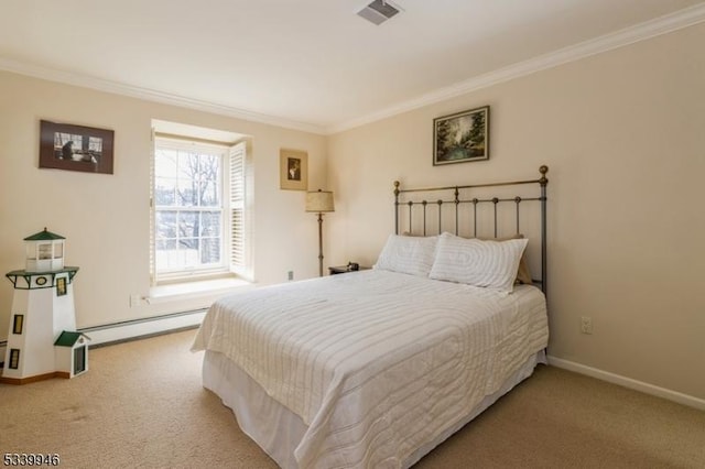 carpeted bedroom with baseboards, baseboard heating, visible vents, and crown molding